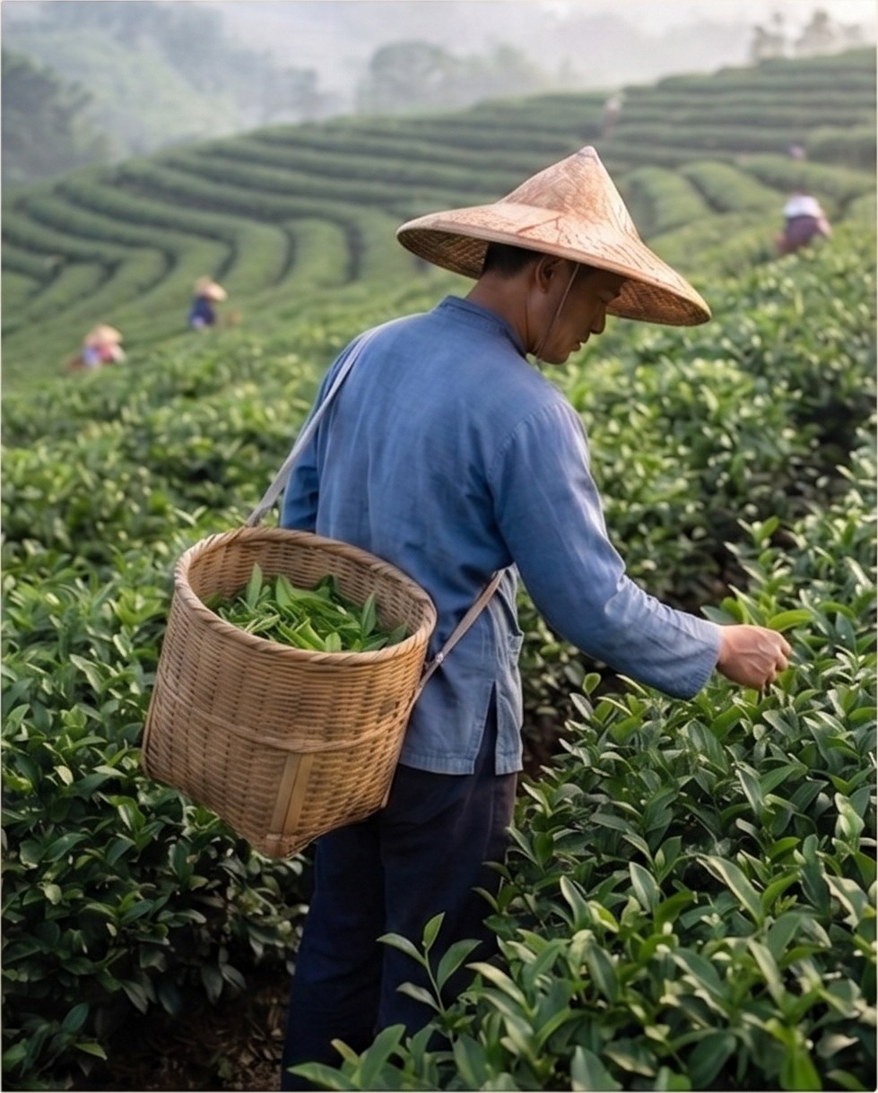 採茶職人在南投鹿谷海拔一千二的茶園手採茶菁