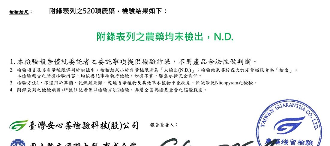 農藥殘留 520 項檢驗報告 — 均未檢出 N.D.